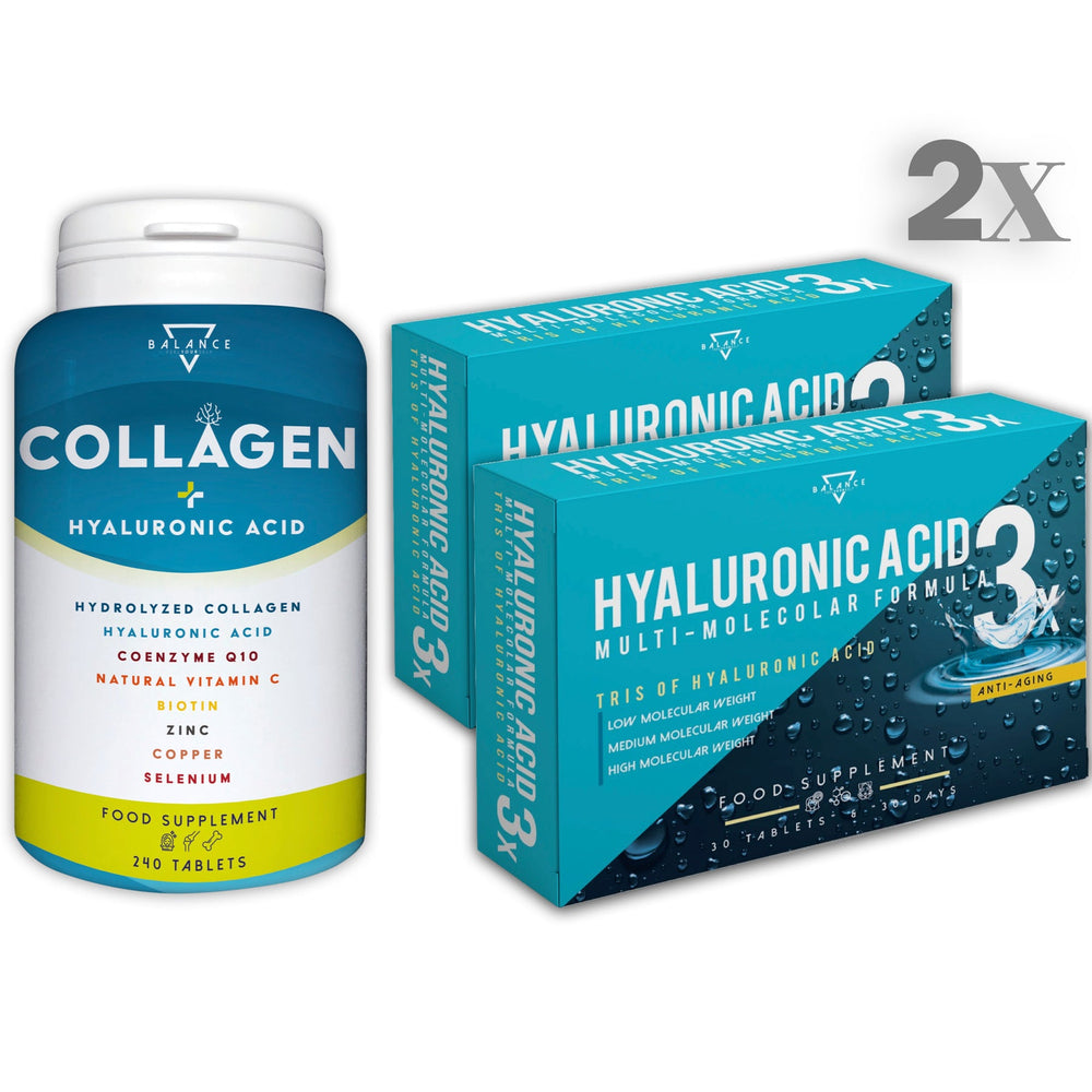 KIT DE AHORRO DE PIEL - HYDROLYZED COLLAGEN™ 240 comprimidos + Triple Peso Molecular HYALURONIC ACID™ X2